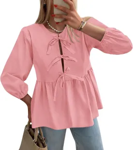 PRETTYGARDEN Women's Babydoll Tops 2025 Spring Trendy 3/4 Length Puff Sleeve Bow Tie Front Cute Peplum Blouses Shirts