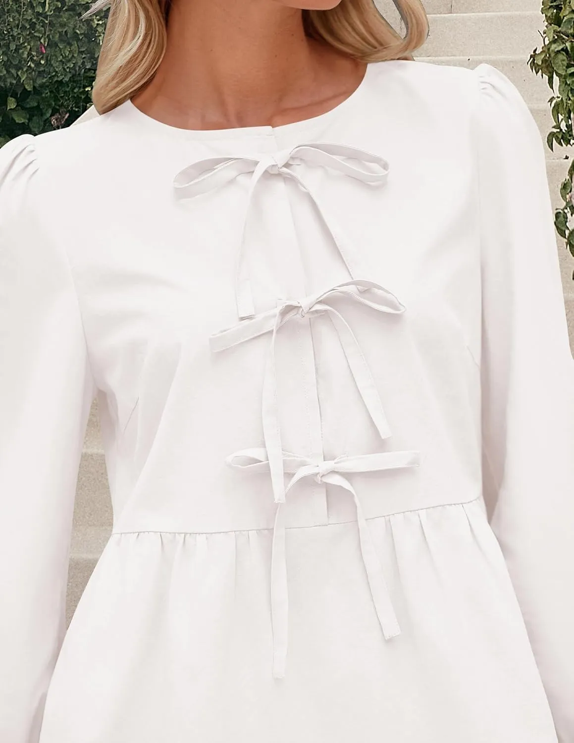 PRETTYGARDEN Women's Babydoll Tops 2025 Spring Trendy 3/4 Length Puff Sleeve Bow Tie Front Cute Peplum Blouses Shirts