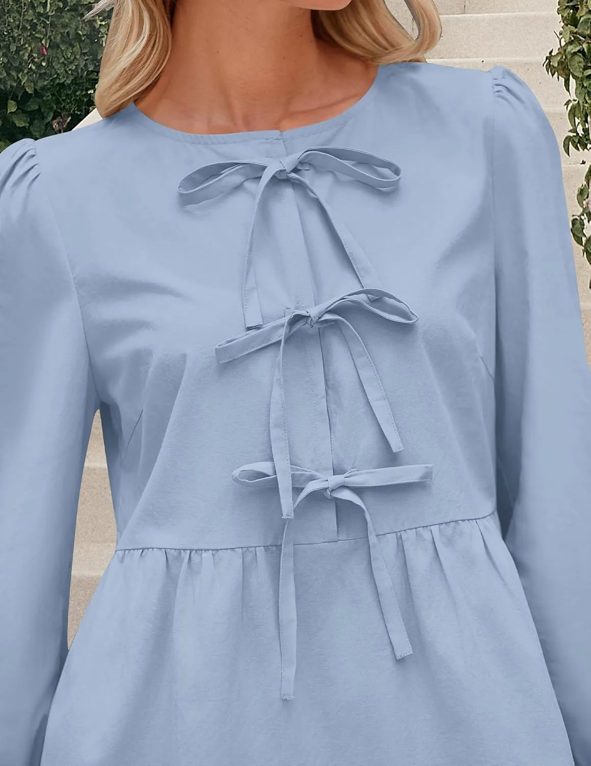 PRETTYGARDEN Women's Babydoll Tops 2025 Spring Trendy 3/4 Length Puff Sleeve Bow Tie Front Cute Peplum Blouses Shirts