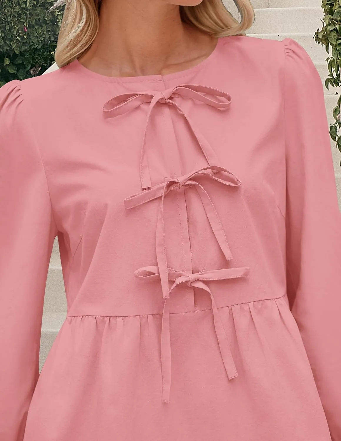 PRETTYGARDEN Women's Babydoll Tops 2025 Spring Trendy 3/4 Length Puff Sleeve Bow Tie Front Cute Peplum Blouses Shirts