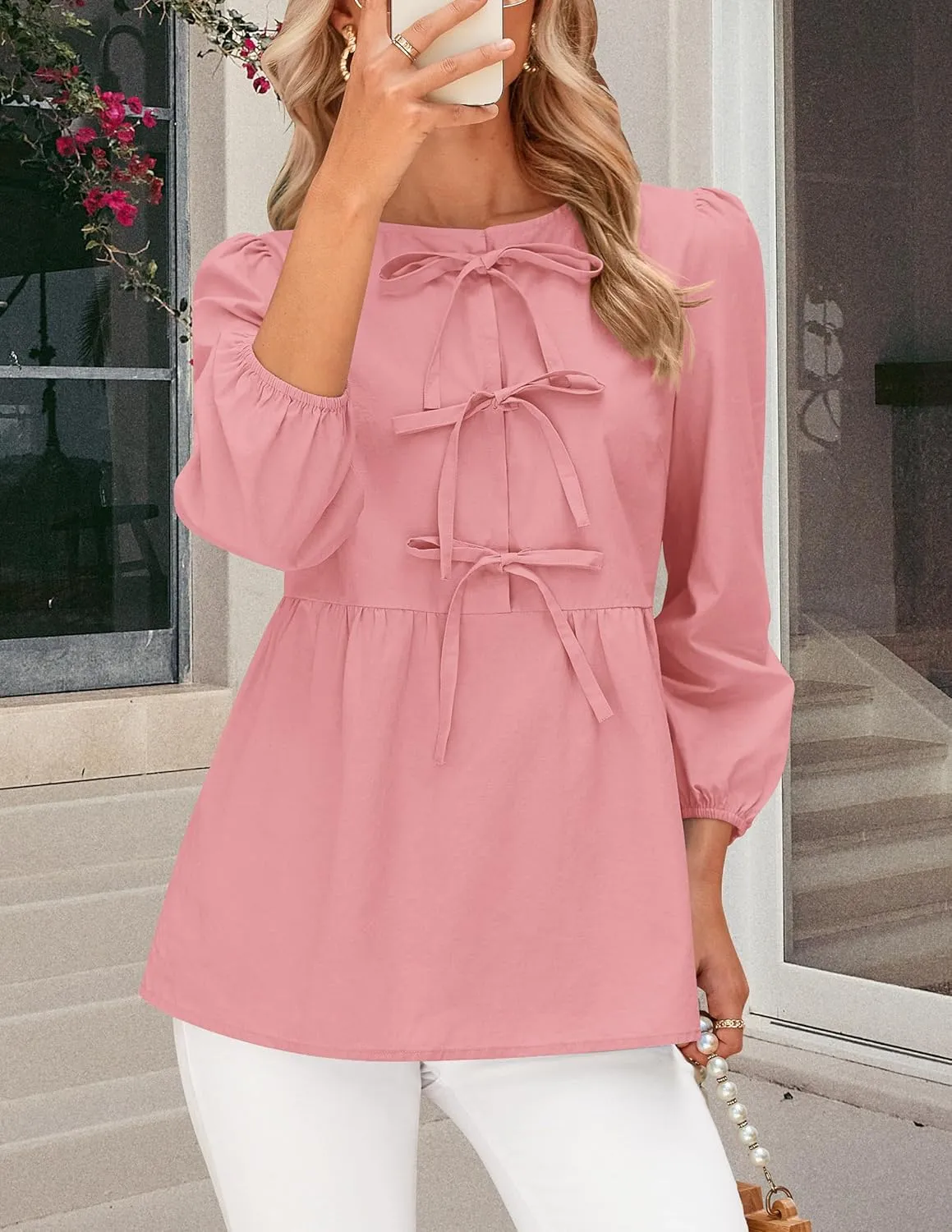 PRETTYGARDEN Women's Babydoll Tops 2025 Spring Trendy 3/4 Length Puff Sleeve Bow Tie Front Cute Peplum Blouses Shirts