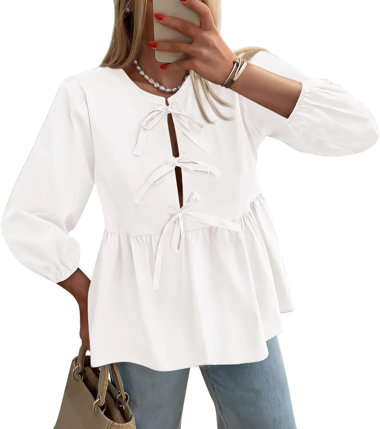 PRETTYGARDEN Women's Babydoll Tops 2025 Spring Trendy 3/4 Length Puff Sleeve Bow Tie Front Cute Peplum Blouses Shirts