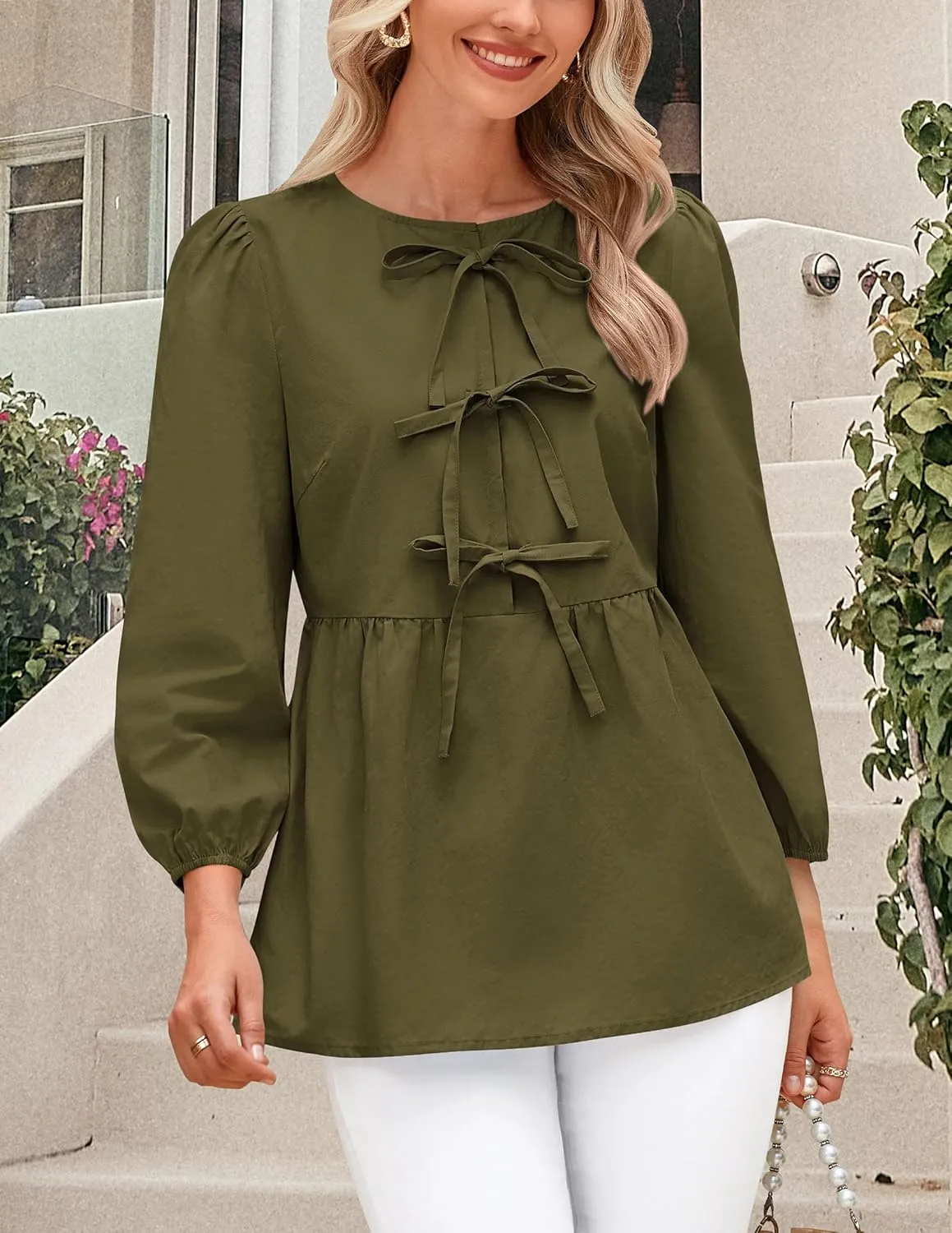 PRETTYGARDEN Women's Babydoll Tops 2025 Spring Trendy 3/4 Length Puff Sleeve Bow Tie Front Cute Peplum Blouses Shirts
