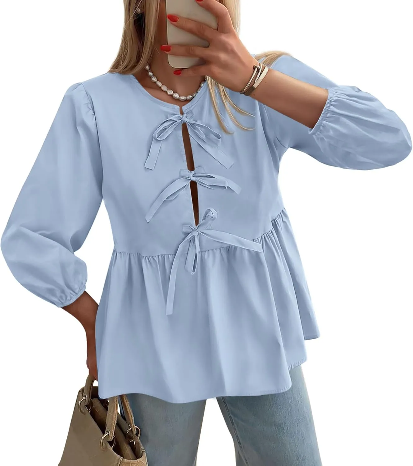 PRETTYGARDEN Women's Babydoll Tops 2025 Spring Trendy 3/4 Length Puff Sleeve Bow Tie Front Cute Peplum Blouses Shirts