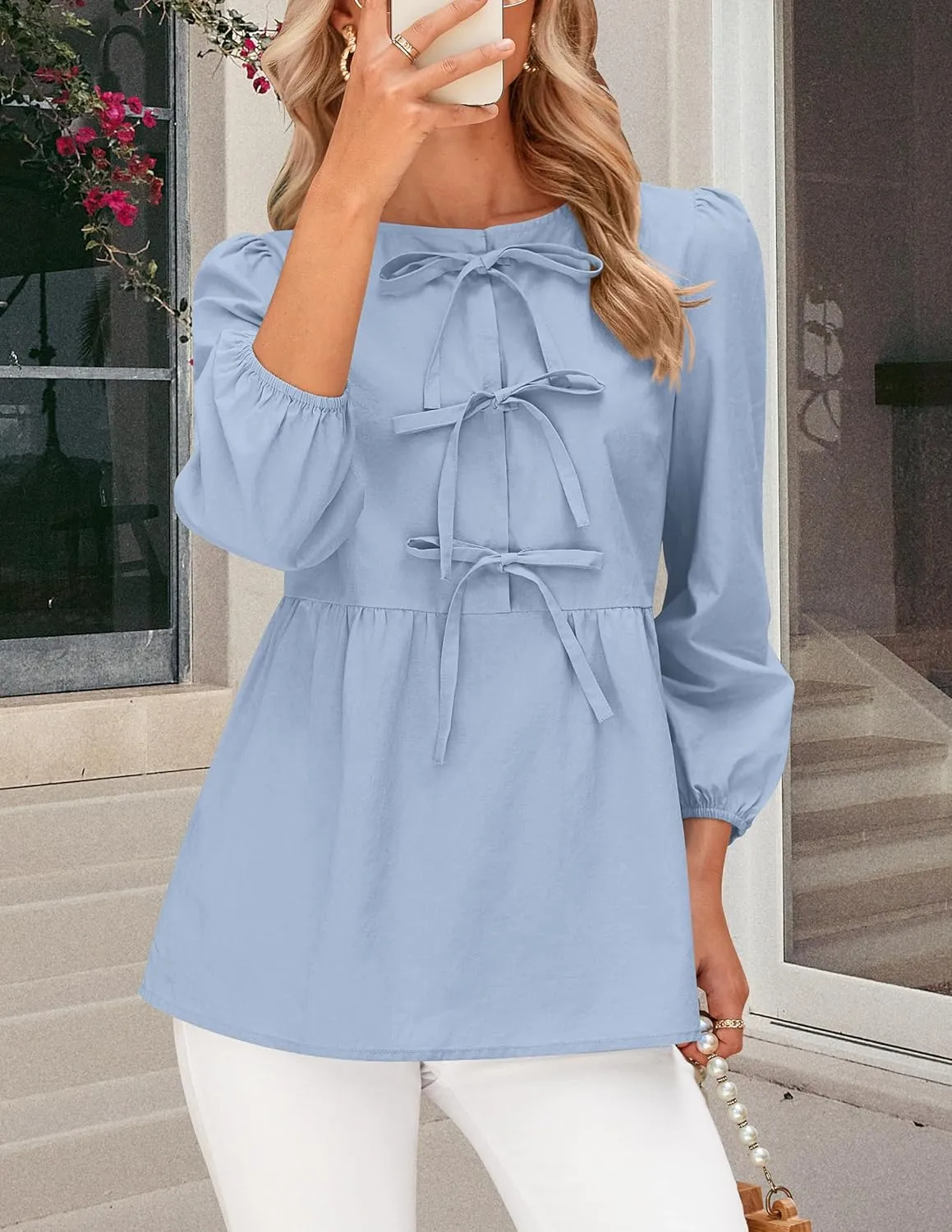 PRETTYGARDEN Women's Babydoll Tops 2025 Spring Trendy 3/4 Length Puff Sleeve Bow Tie Front Cute Peplum Blouses Shirts