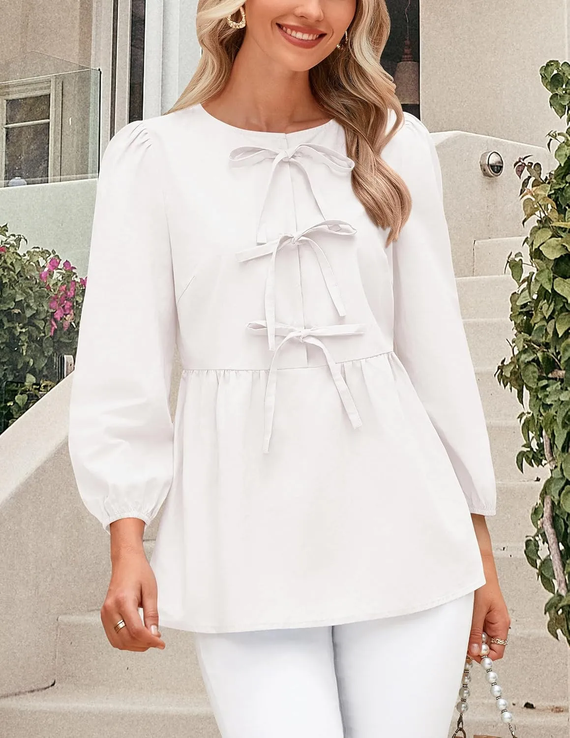 PRETTYGARDEN Women's Babydoll Tops 2025 Spring Trendy 3/4 Length Puff Sleeve Bow Tie Front Cute Peplum Blouses Shirts