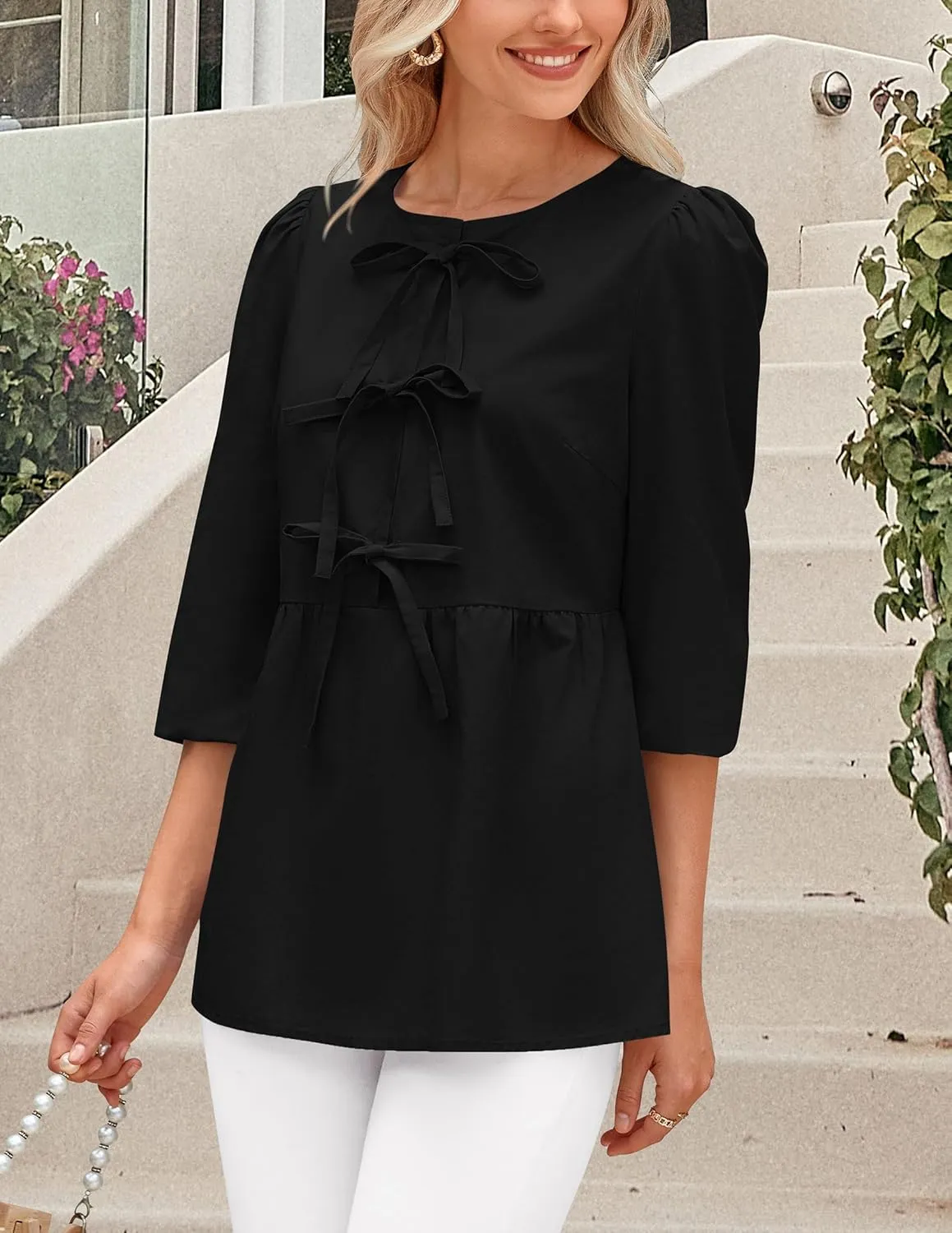 PRETTYGARDEN Women's Babydoll Tops 2025 Spring Trendy 3/4 Length Puff Sleeve Bow Tie Front Cute Peplum Blouses Shirts