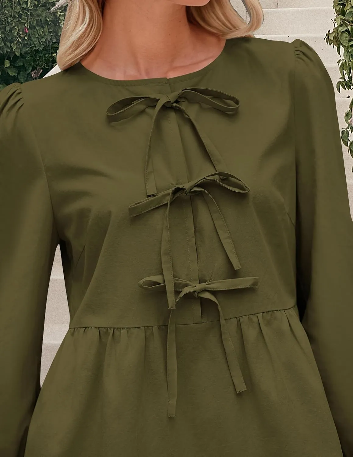 PRETTYGARDEN Women's Babydoll Tops 2025 Spring Trendy 3/4 Length Puff Sleeve Bow Tie Front Cute Peplum Blouses Shirts