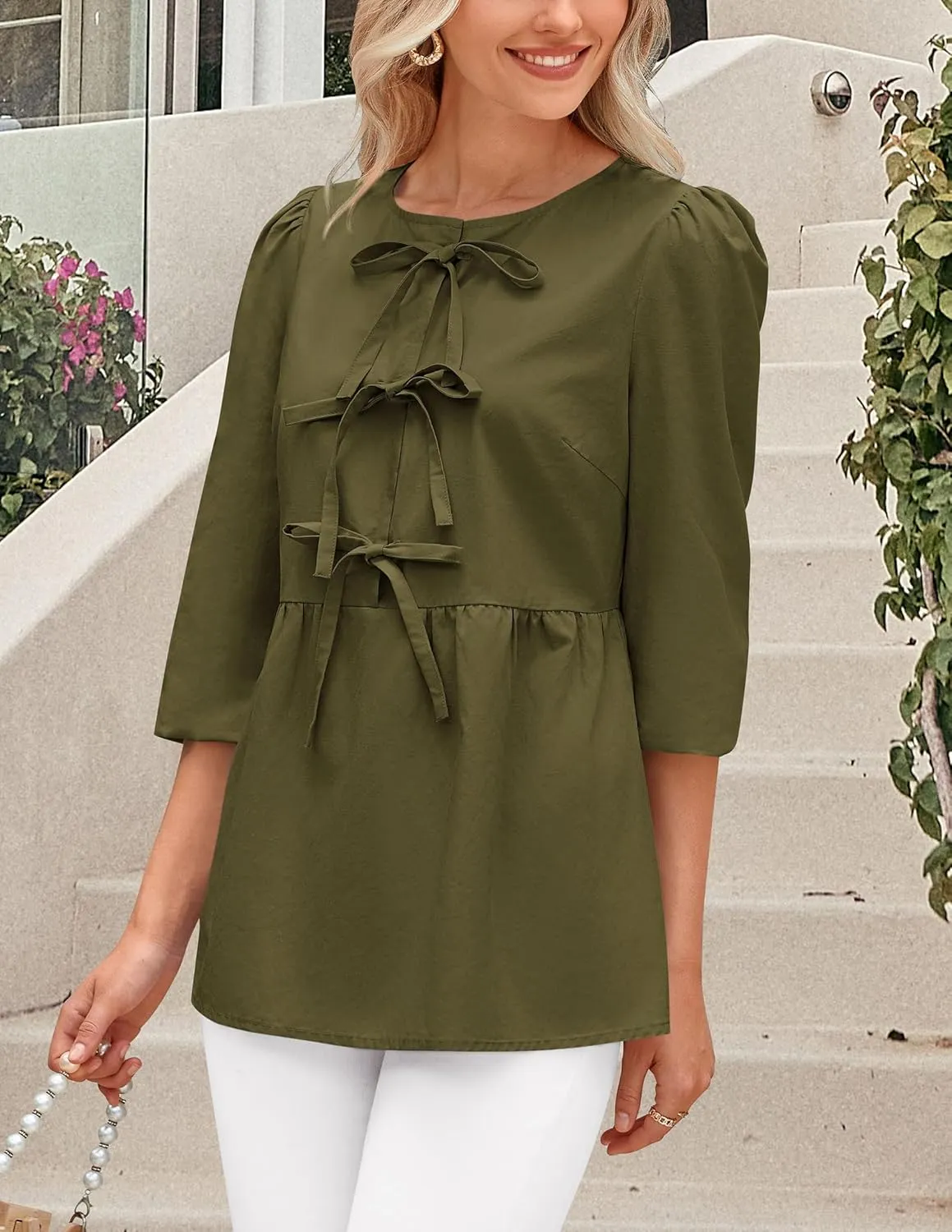 PRETTYGARDEN Women's Babydoll Tops 2025 Spring Trendy 3/4 Length Puff Sleeve Bow Tie Front Cute Peplum Blouses Shirts