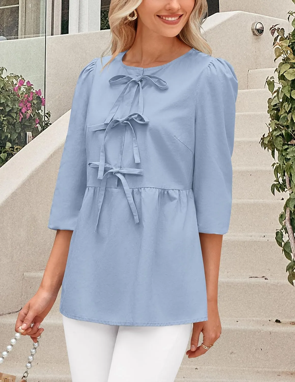 PRETTYGARDEN Women's Babydoll Tops 2025 Spring Trendy 3/4 Length Puff Sleeve Bow Tie Front Cute Peplum Blouses Shirts