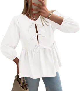 PRETTYGARDEN Women's Babydoll Tops 2025 Spring Trendy 3/4 Length Puff Sleeve Bow Tie Front Cute Peplum Blouses Shirts