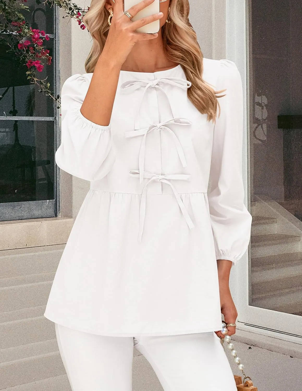 PRETTYGARDEN Women's Babydoll Tops 2025 Spring Trendy 3/4 Length Puff Sleeve Bow Tie Front Cute Peplum Blouses Shirts
