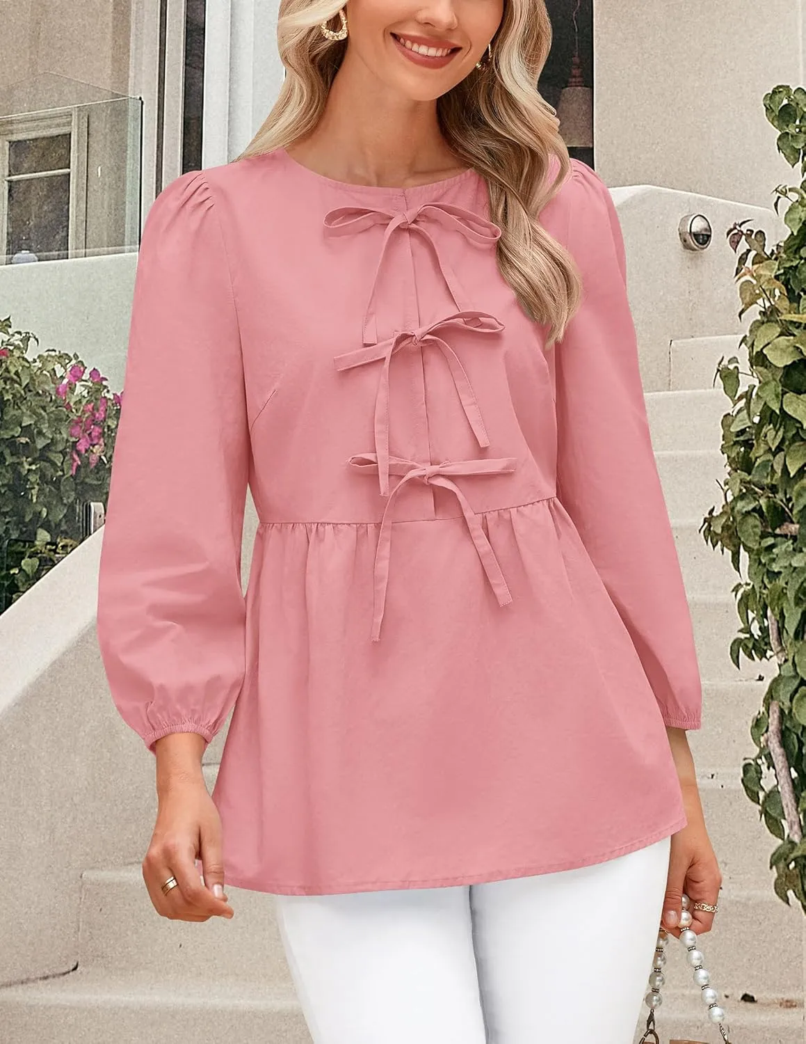PRETTYGARDEN Women's Babydoll Tops 2025 Spring Trendy 3/4 Length Puff Sleeve Bow Tie Front Cute Peplum Blouses Shirts