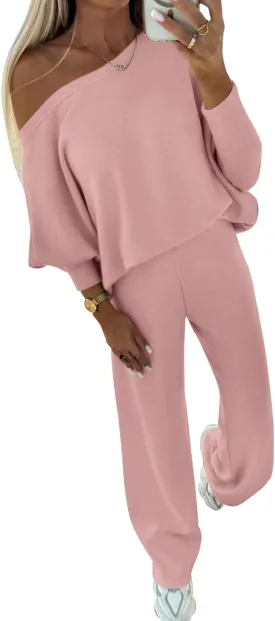 PRETTYGARDEN Womens Fall Fashion 2025 Two Piece Outfits Ribbed Long Sleeve Off Shoulder Tops and Wide Leg Pants with Pockets