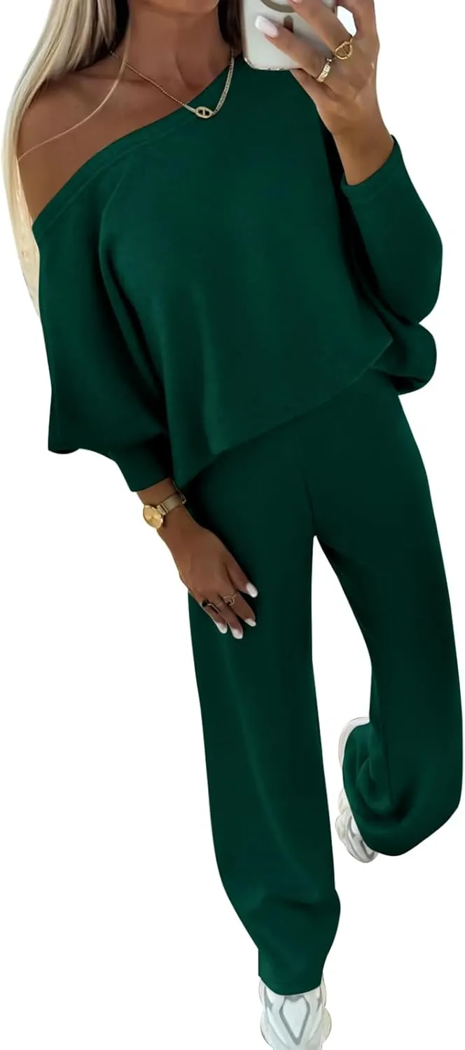 PRETTYGARDEN Womens Fall Fashion 2025 Two Piece Outfits Ribbed Long Sleeve Off Shoulder Tops and Wide Leg Pants with Pockets