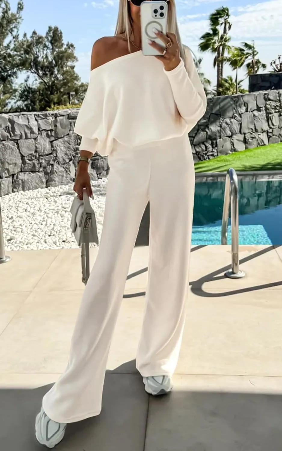 PRETTYGARDEN Womens Fall Fashion 2025 Two Piece Outfits Ribbed Long Sleeve Off Shoulder Tops and Wide Leg Pants with Pockets