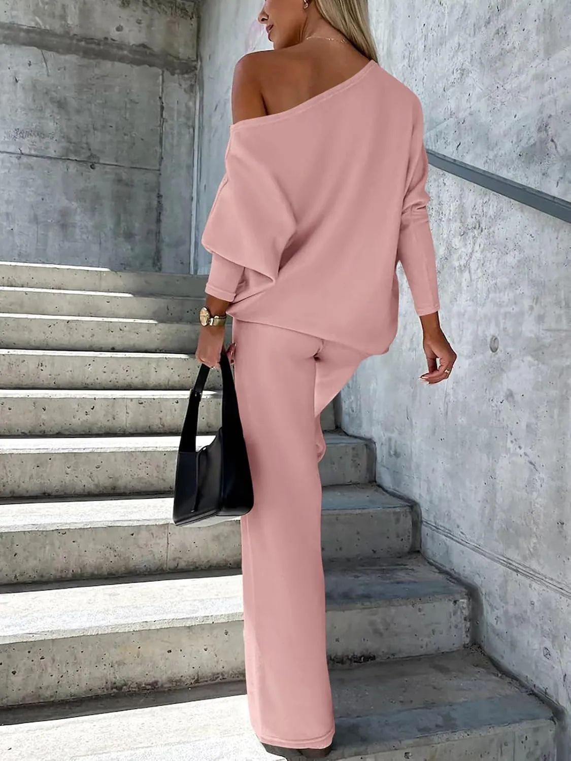 PRETTYGARDEN Womens Fall Fashion 2025 Two Piece Outfits Ribbed Long Sleeve Off Shoulder Tops and Wide Leg Pants with Pockets