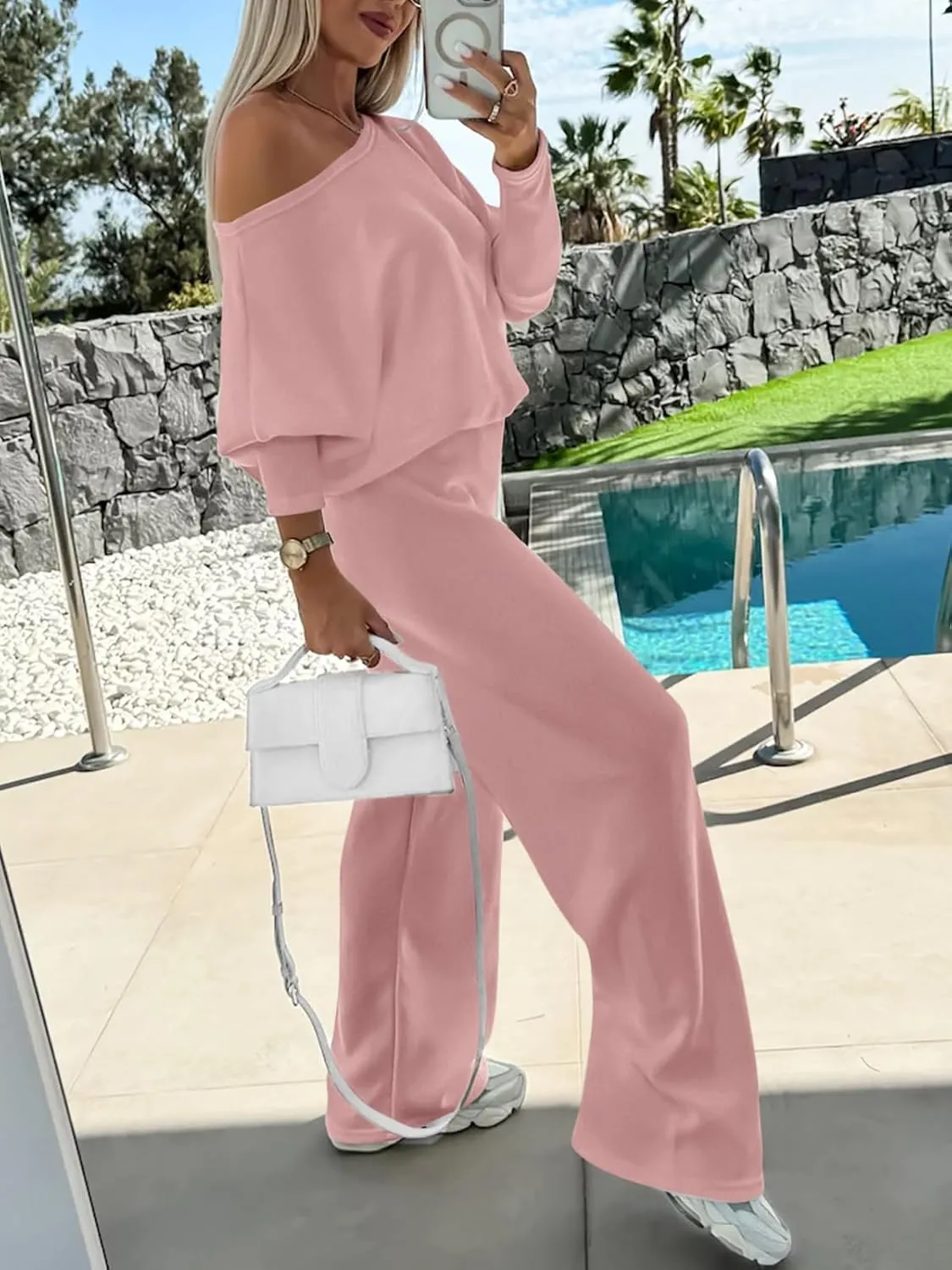 PRETTYGARDEN Womens Fall Fashion 2025 Two Piece Outfits Ribbed Long Sleeve Off Shoulder Tops and Wide Leg Pants with Pockets