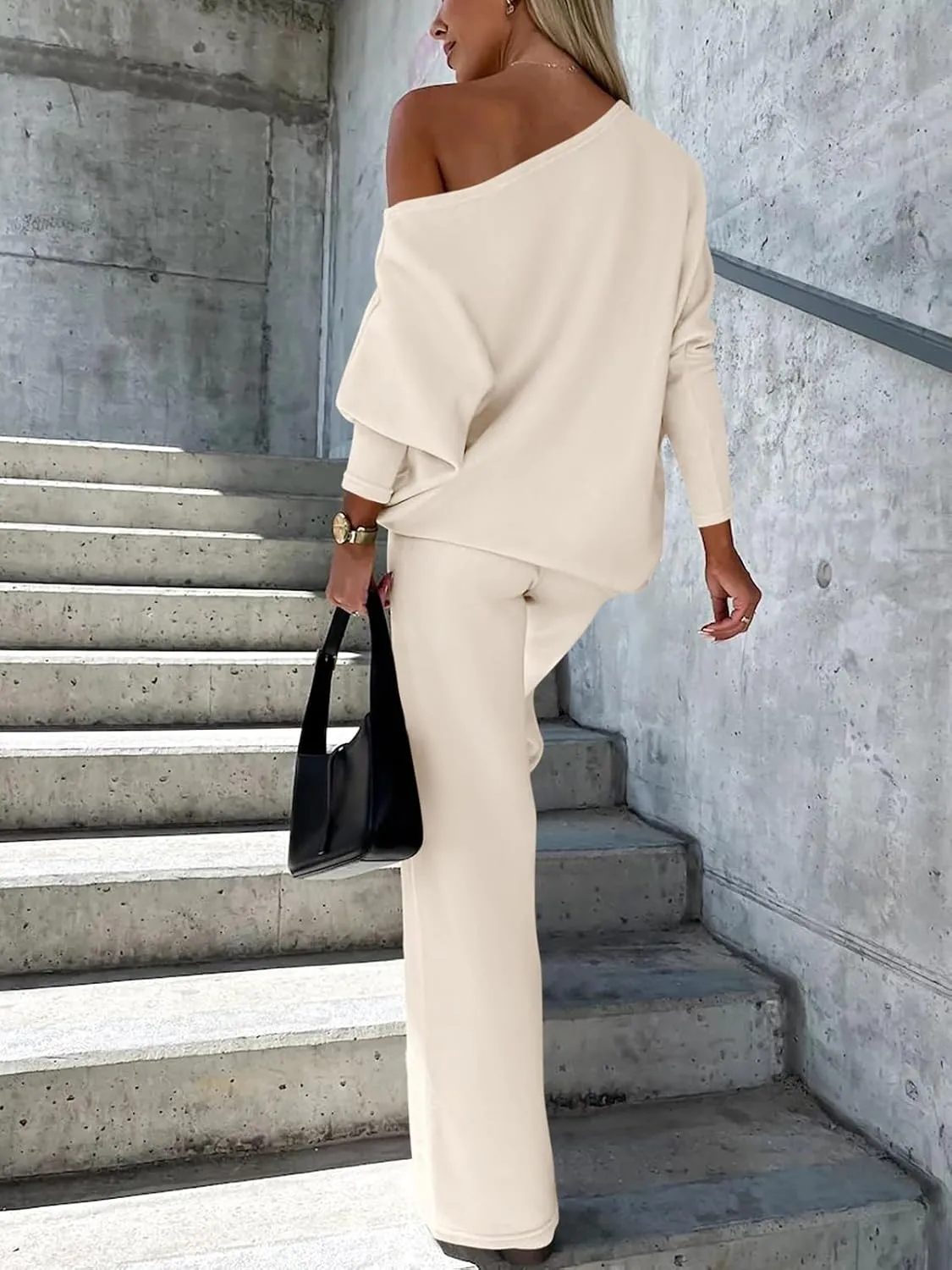 PRETTYGARDEN Womens Fall Fashion 2025 Two Piece Outfits Ribbed Long Sleeve Off Shoulder Tops and Wide Leg Pants with Pockets
