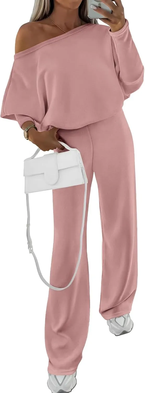 PRETTYGARDEN Womens Fall Fashion 2025 Two Piece Outfits Ribbed Long Sleeve Off Shoulder Tops and Wide Leg Pants with Pockets