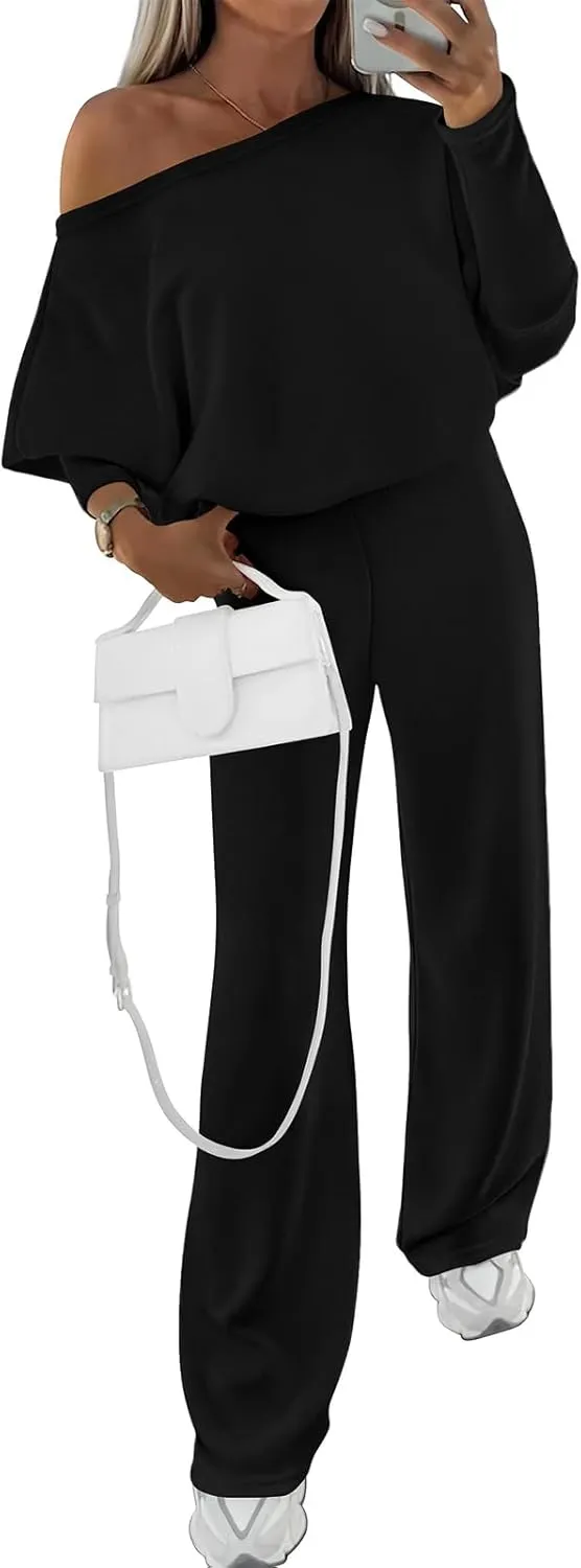 PRETTYGARDEN Womens Fall Fashion 2025 Two Piece Outfits Ribbed Long Sleeve Off Shoulder Tops and Wide Leg Pants with Pockets