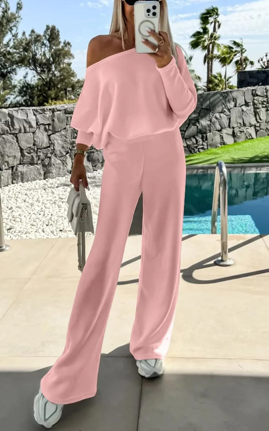 PRETTYGARDEN Womens Fall Fashion 2025 Two Piece Outfits Ribbed Long Sleeve Off Shoulder Tops and Wide Leg Pants with Pockets