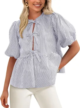 PRETTYGARDEN Women's Summer Tie Front Striped Shirt 2025 Trendy Cute Babydoll Tops Fashion Peplum Puffy Sleeve Blouse