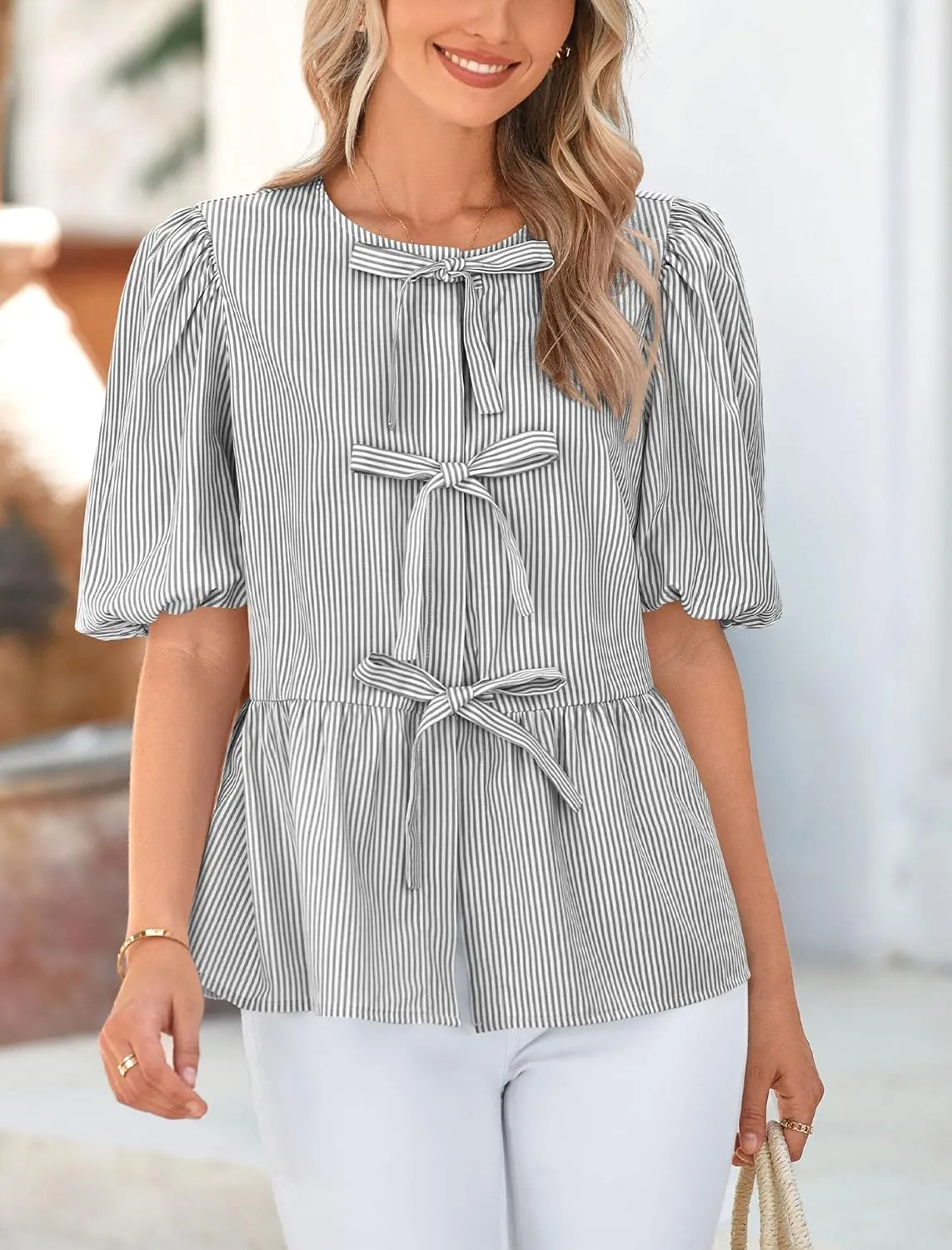 PRETTYGARDEN Women's Summer Tie Front Striped Shirt 2025 Trendy Cute Babydoll Tops Fashion Peplum Puffy Sleeve Blouse