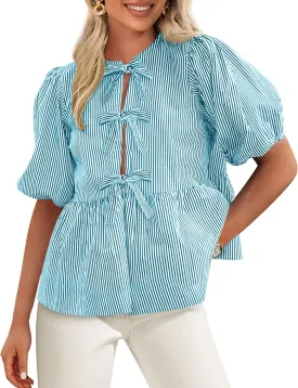 PRETTYGARDEN Women's Summer Tie Front Striped Shirt 2025 Trendy Cute Babydoll Tops Fashion Peplum Puffy Sleeve Blouse