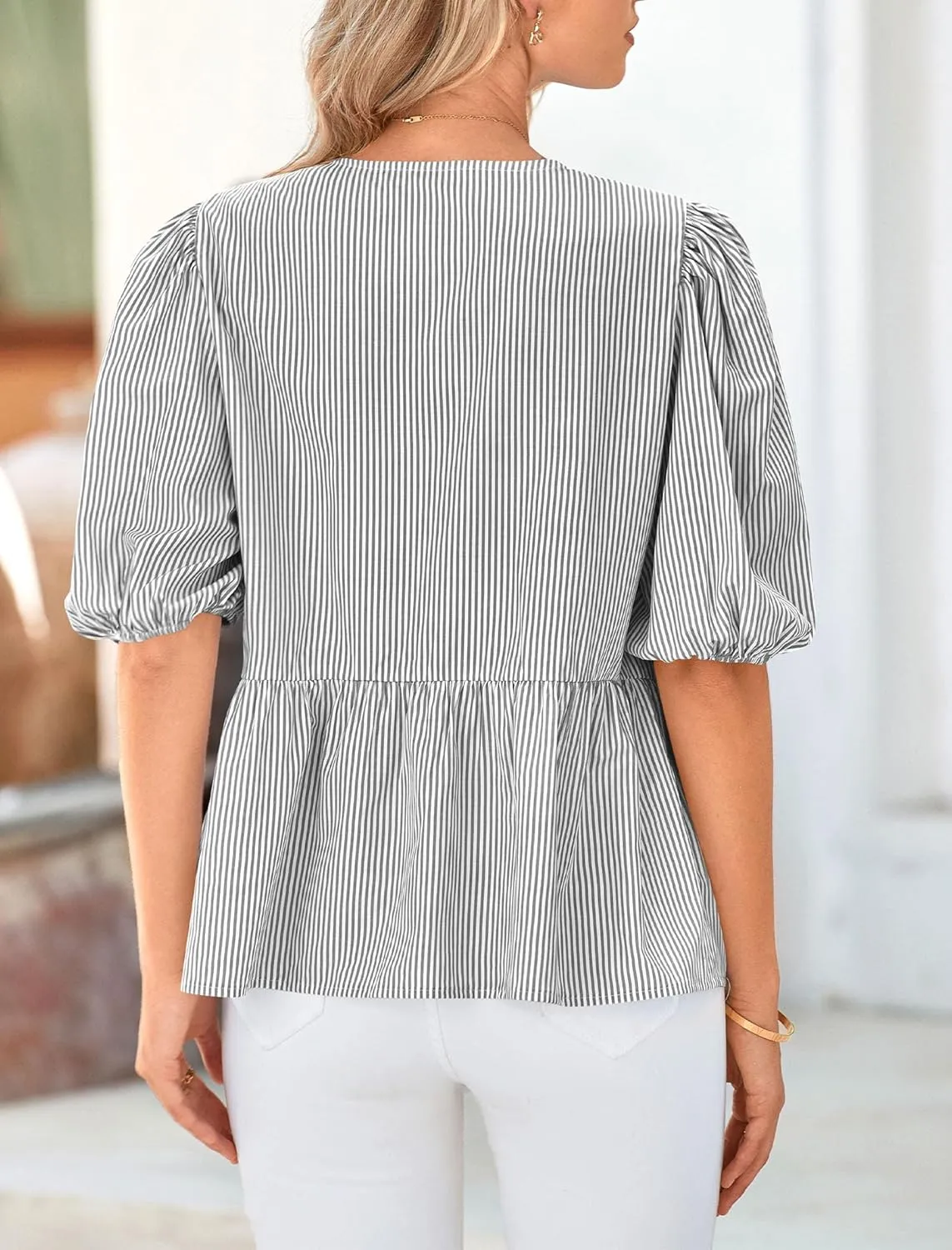 PRETTYGARDEN Women's Summer Tie Front Striped Shirt 2025 Trendy Cute Babydoll Tops Fashion Peplum Puffy Sleeve Blouse