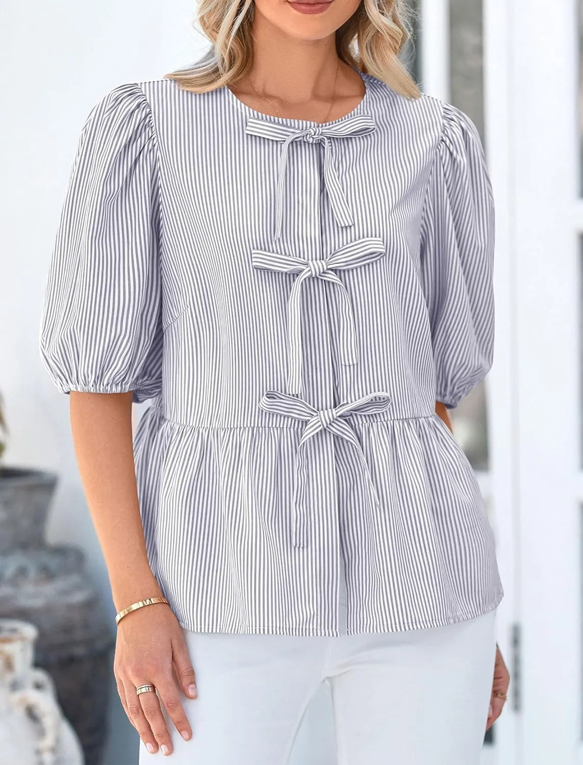 PRETTYGARDEN Women's Summer Tie Front Striped Shirt 2025 Trendy Cute Babydoll Tops Fashion Peplum Puffy Sleeve Blouse