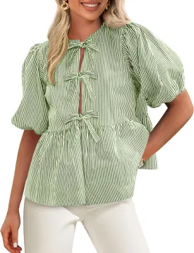 PRETTYGARDEN Women's Summer Tie Front Striped Shirt 2025 Trendy Cute Babydoll Tops Fashion Peplum Puffy Sleeve Blouse