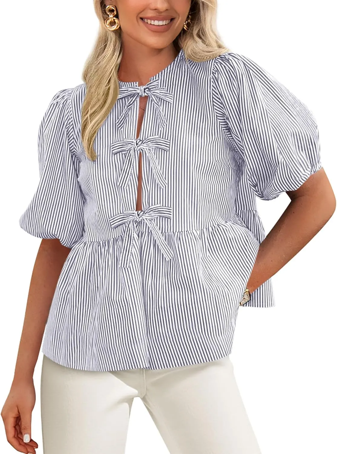 PRETTYGARDEN Women's Summer Tie Front Striped Shirt 2025 Trendy Cute Babydoll Tops Fashion Peplum Puffy Sleeve Blouse