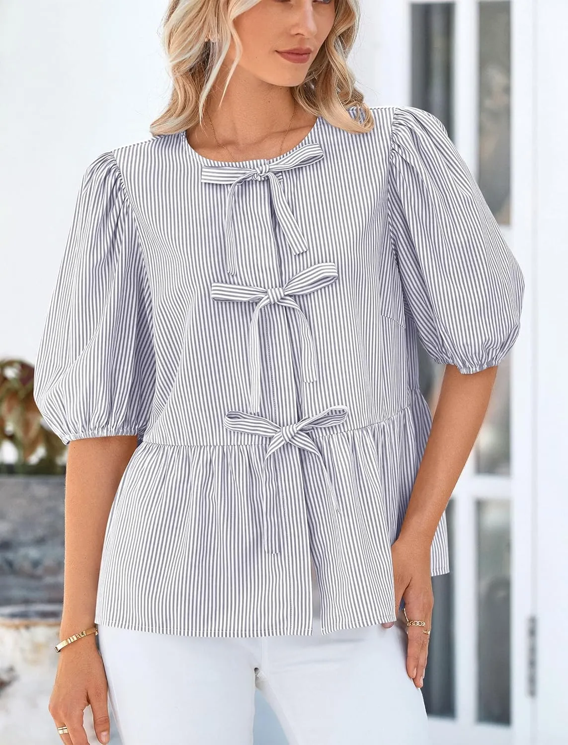 PRETTYGARDEN Women's Summer Tie Front Striped Shirt 2025 Trendy Cute Babydoll Tops Fashion Peplum Puffy Sleeve Blouse
