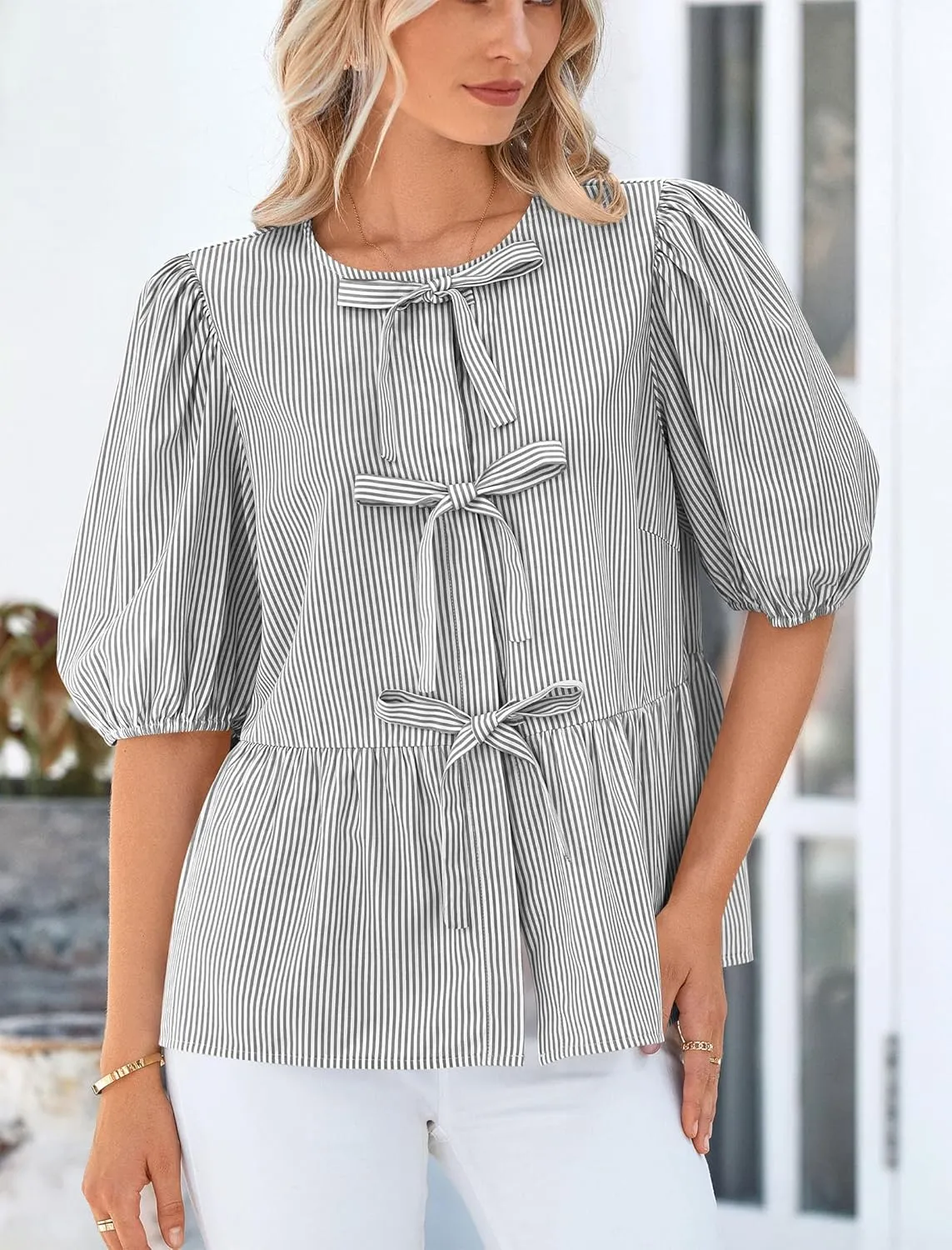 PRETTYGARDEN Women's Summer Tie Front Striped Shirt 2025 Trendy Cute Babydoll Tops Fashion Peplum Puffy Sleeve Blouse
