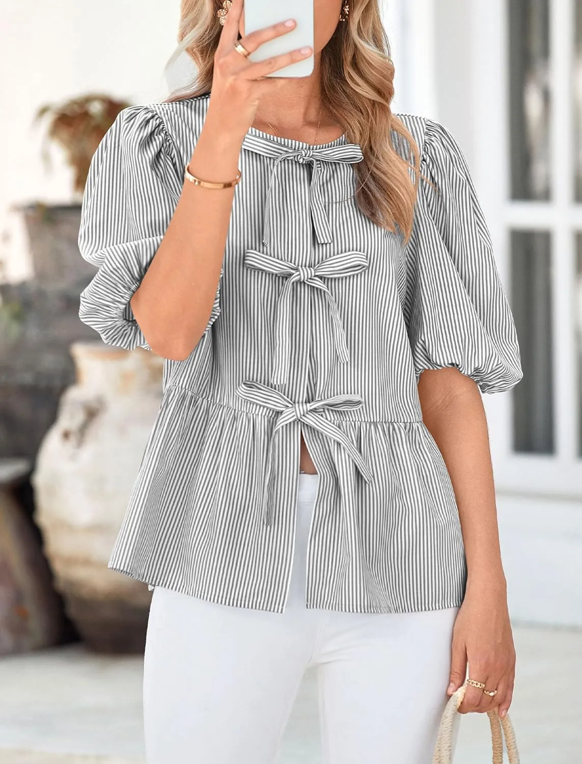 PRETTYGARDEN Women's Summer Tie Front Striped Shirt 2025 Trendy Cute Babydoll Tops Fashion Peplum Puffy Sleeve Blouse
