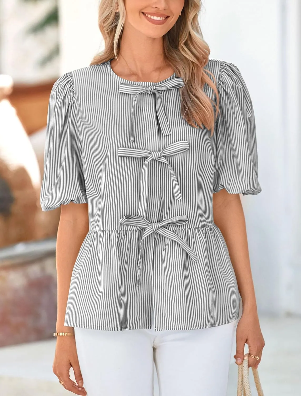 PRETTYGARDEN Women's Summer Tie Front Striped Shirt 2025 Trendy Cute Babydoll Tops Fashion Peplum Puffy Sleeve Blouse