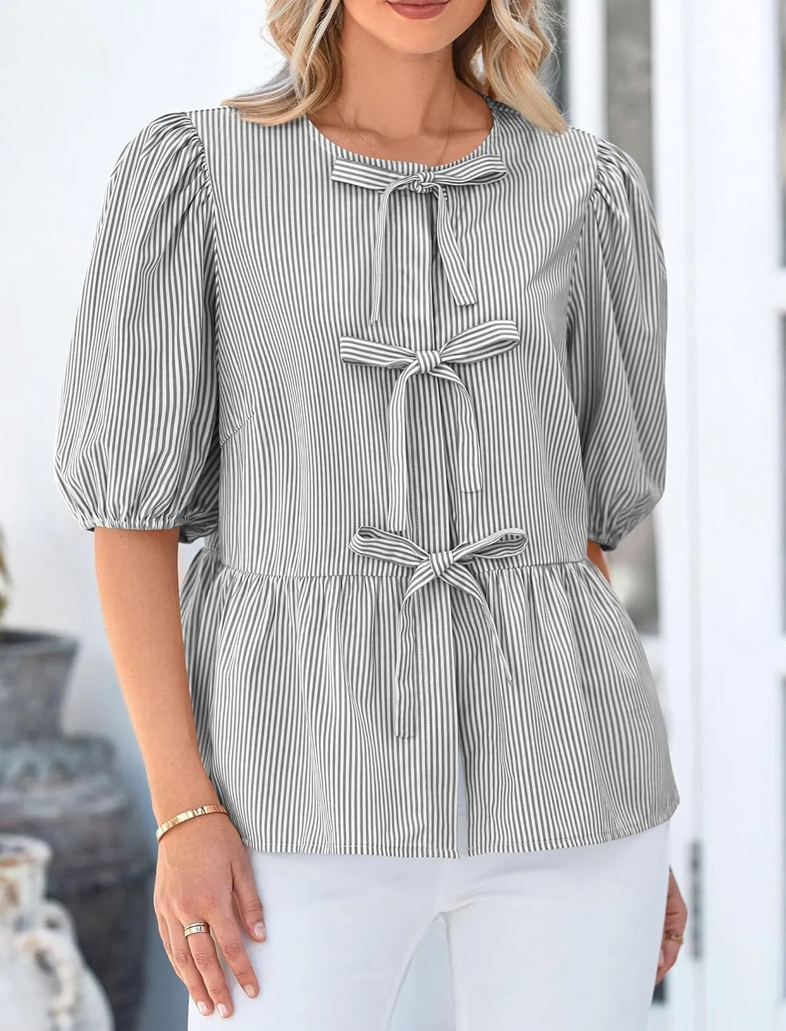PRETTYGARDEN Women's Summer Tie Front Striped Shirt 2025 Trendy Cute Babydoll Tops Fashion Peplum Puffy Sleeve Blouse