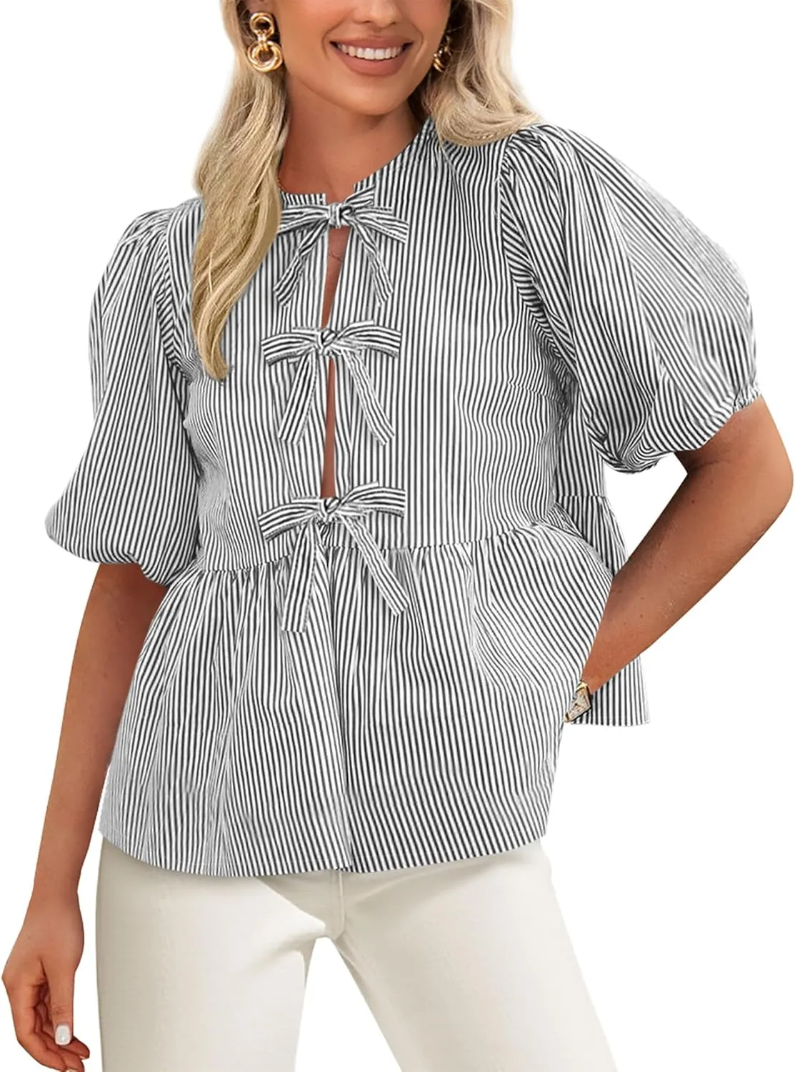 PRETTYGARDEN Women's Summer Tie Front Striped Shirt 2025 Trendy Cute Babydoll Tops Fashion Peplum Puffy Sleeve Blouse