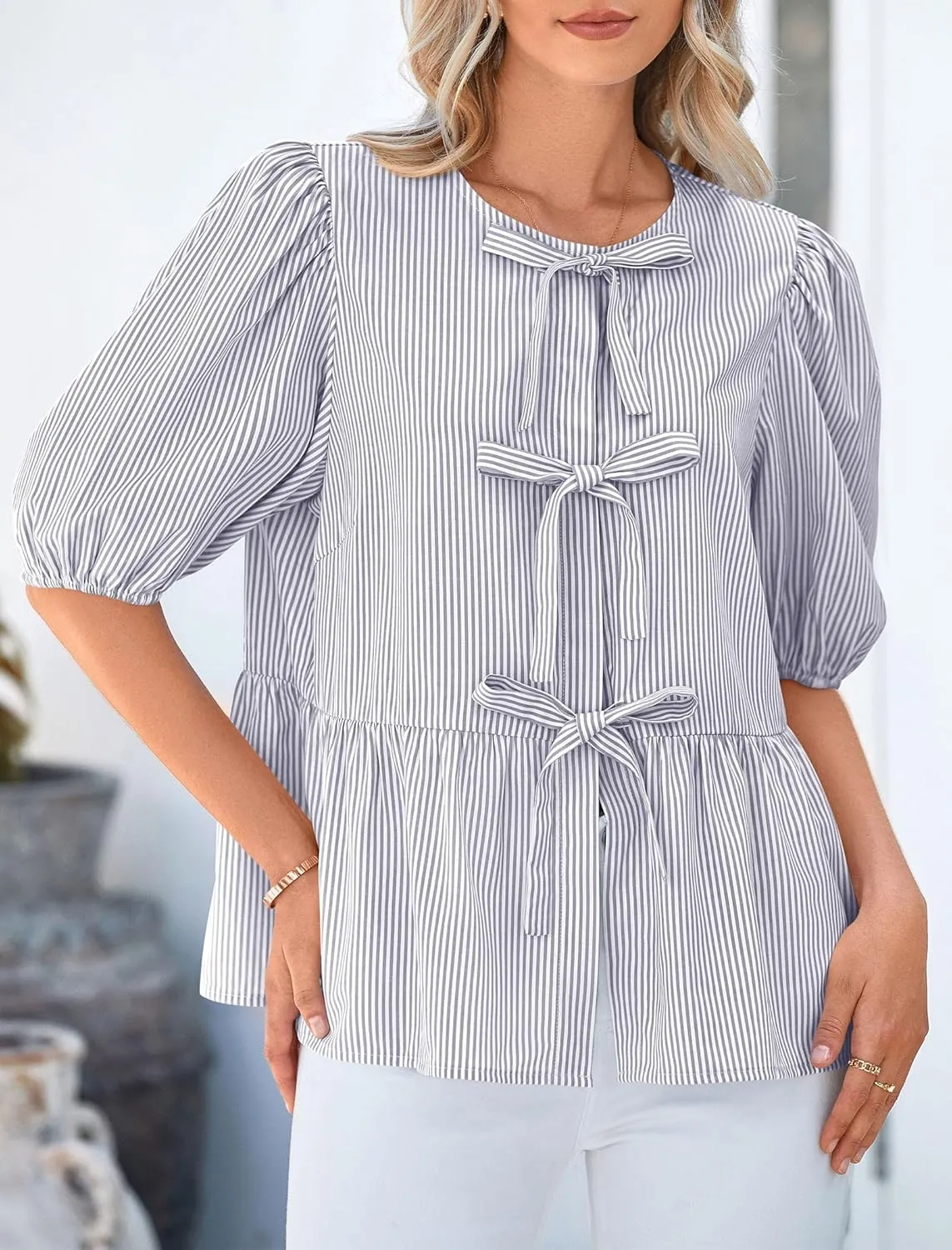 PRETTYGARDEN Women's Summer Tie Front Striped Shirt 2025 Trendy Cute Babydoll Tops Fashion Peplum Puffy Sleeve Blouse