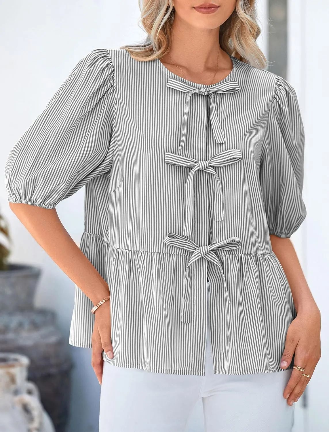 PRETTYGARDEN Women's Summer Tie Front Striped Shirt 2025 Trendy Cute Babydoll Tops Fashion Peplum Puffy Sleeve Blouse