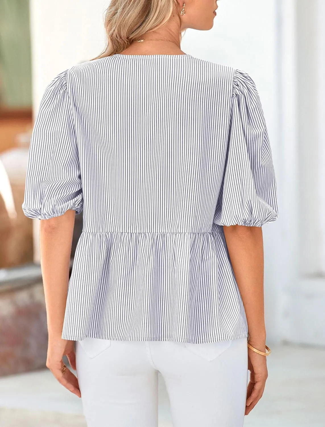 PRETTYGARDEN Women's Summer Tie Front Striped Shirt 2025 Trendy Cute Babydoll Tops Fashion Peplum Puffy Sleeve Blouse