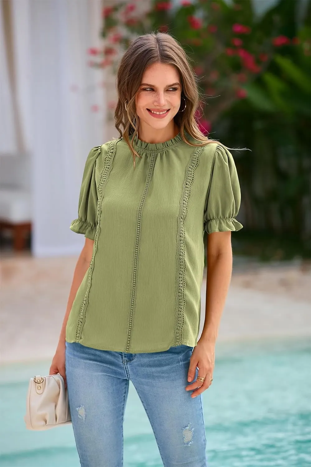 PRETTYGARDEN Womens Summer Tops 2025 Trendy Mock Neck Puff Sleeve Blouse Dressy Casual Business Western Shirts Spring Clothes
