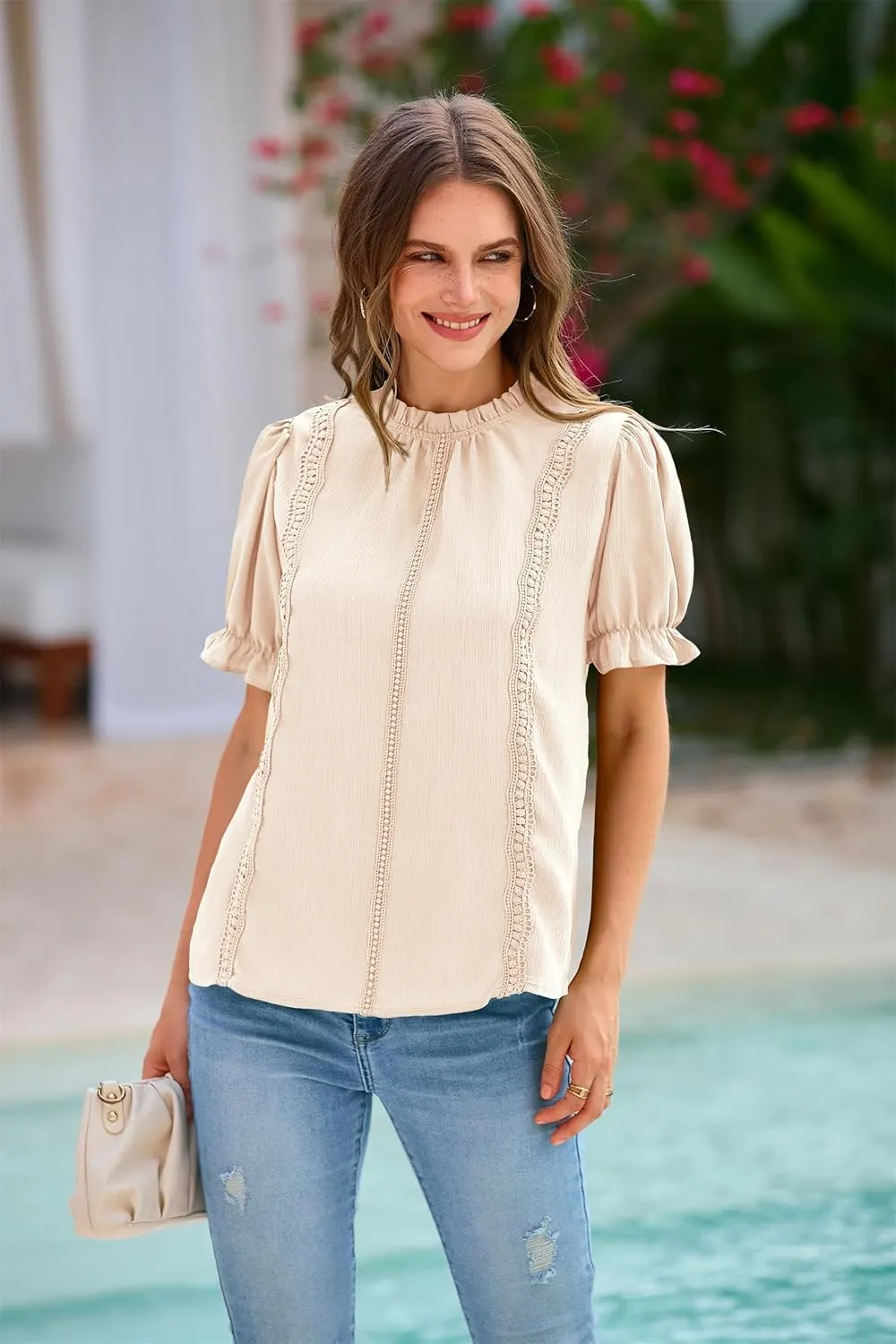 PRETTYGARDEN Womens Summer Tops 2025 Trendy Mock Neck Puff Sleeve Blouse Dressy Casual Business Western Shirts Spring Clothes