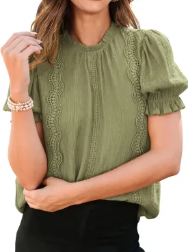 PRETTYGARDEN Womens Summer Tops 2025 Trendy Mock Neck Puff Sleeve Blouse Dressy Casual Business Western Shirts Spring Clothes