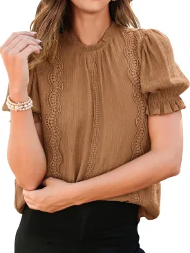 PRETTYGARDEN Womens Summer Tops 2025 Trendy Mock Neck Puff Sleeve Blouse Dressy Casual Business Western Shirts Spring Clothes