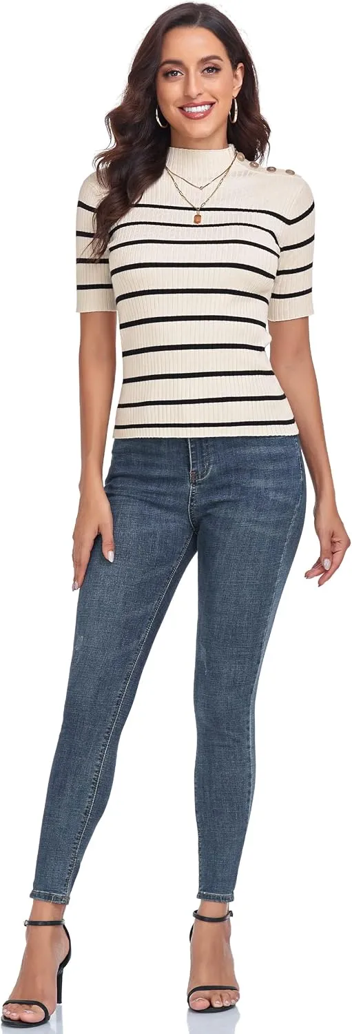 PrettyGuide Women's Short Sleeve Sweater Tops Mock Neck with Button Pullover Slim Fit Casual Business Knit Basic Top