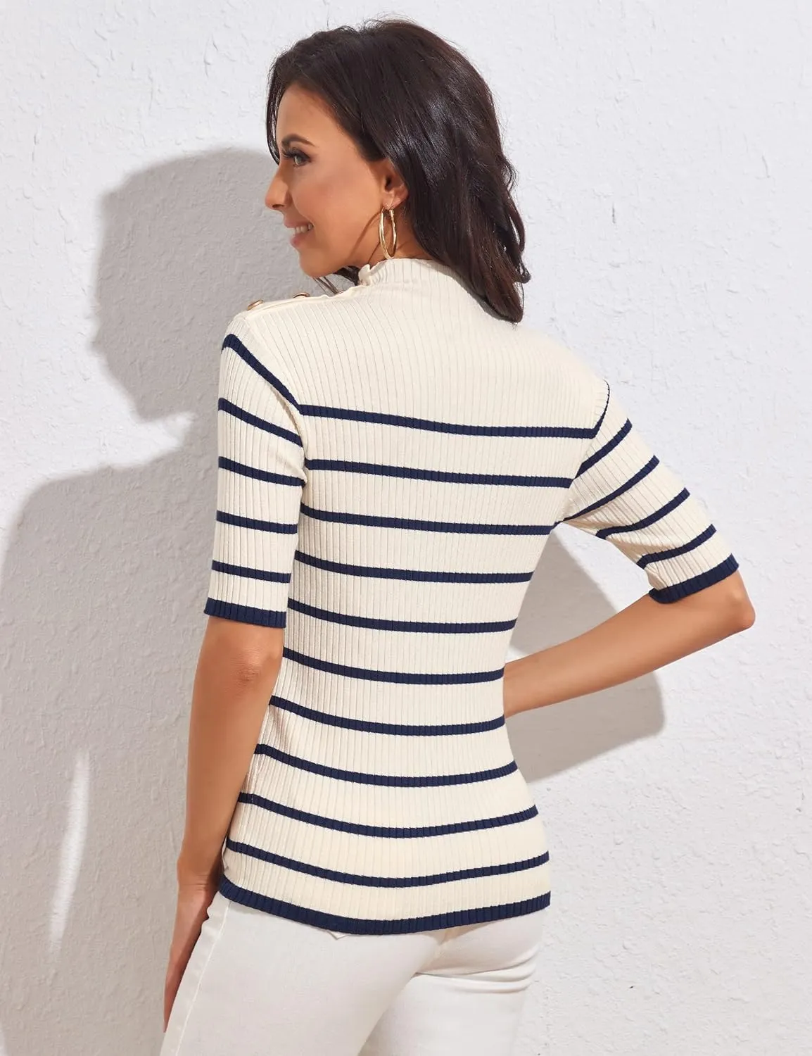 PrettyGuide Women's Short Sleeve Sweater Tops Mock Neck with Button Pullover Slim Fit Casual Business Knit Basic Top