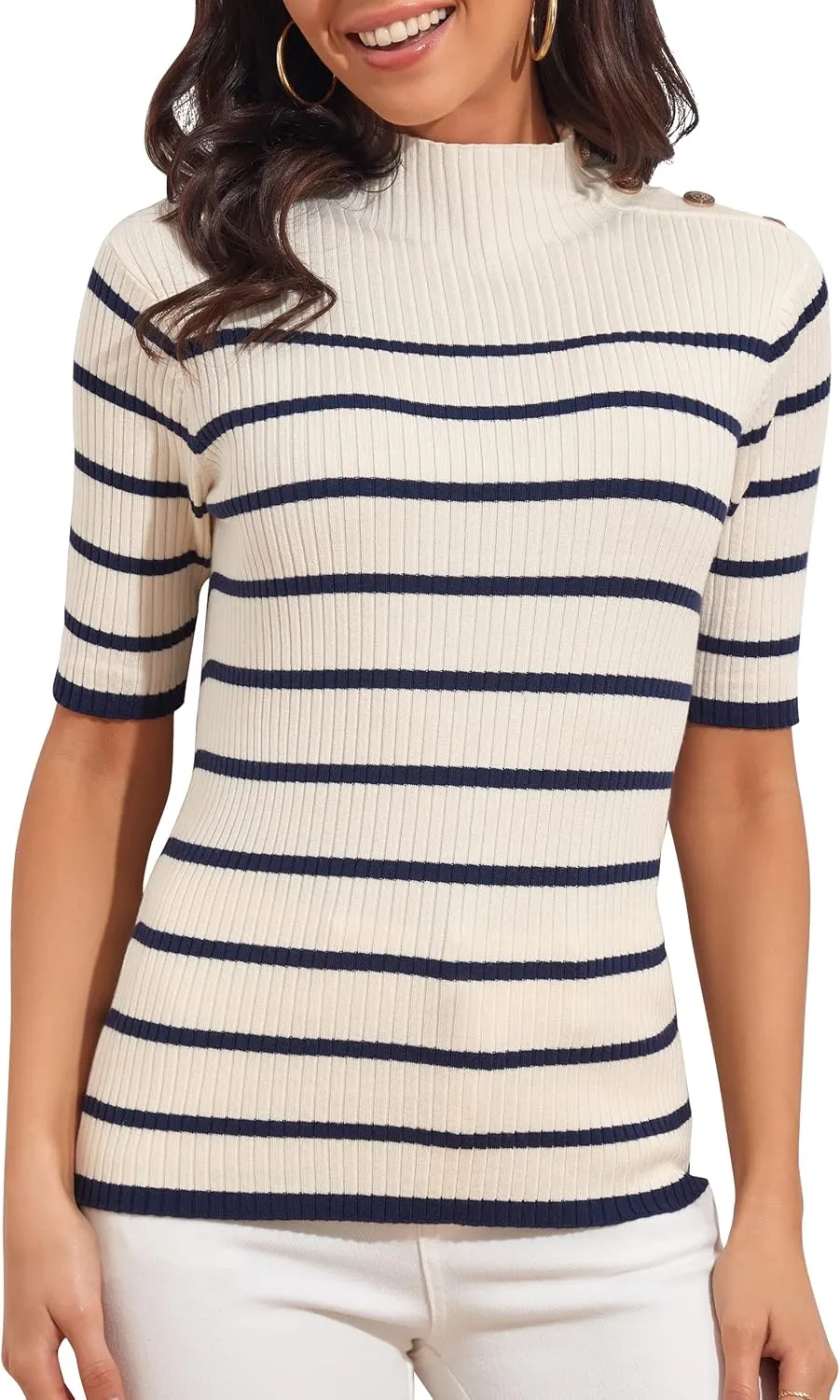 PrettyGuide Women's Short Sleeve Sweater Tops Mock Neck with Button Pullover Slim Fit Casual Business Knit Basic Top