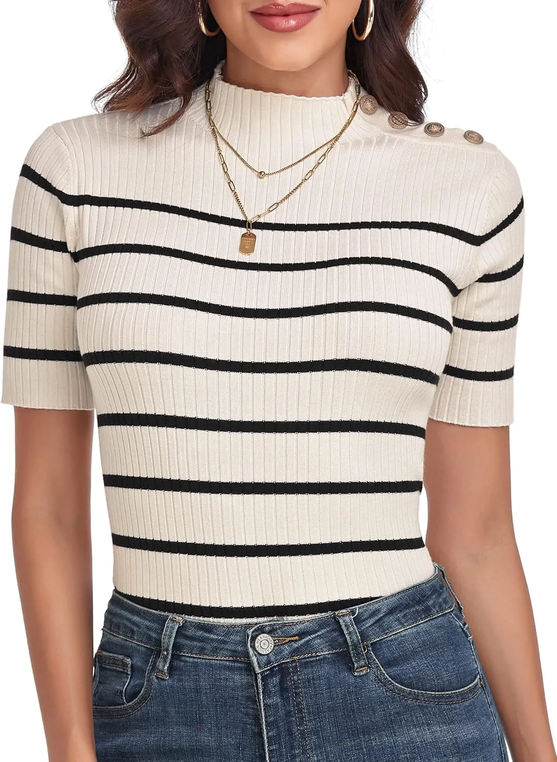 PrettyGuide Women's Short Sleeve Sweater Tops Mock Neck with Button Pullover Slim Fit Casual Business Knit Basic Top